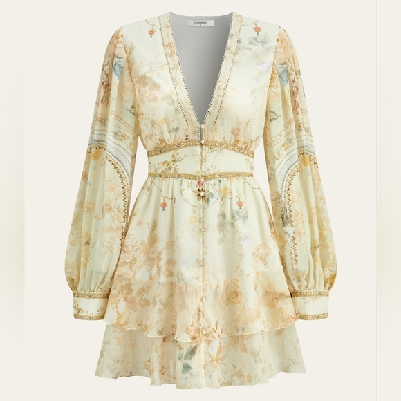 Commense Dresses & Skirts - Commense Cream Floral Chiffon Long Sleeve Dress